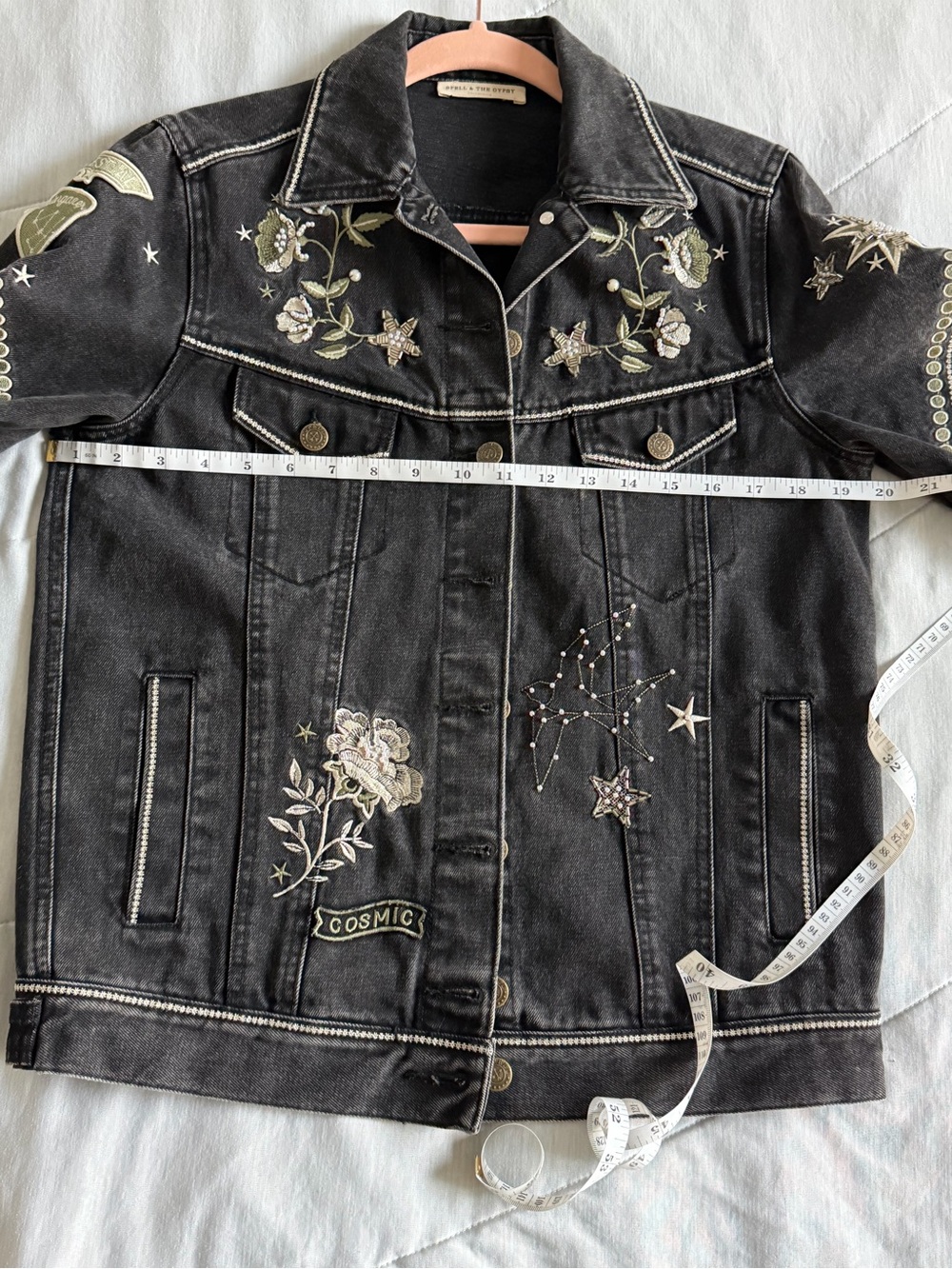 Spell Black Embroidered Beaded Denim Jacket size Small Boyfriend cut - Picture 11 of 13